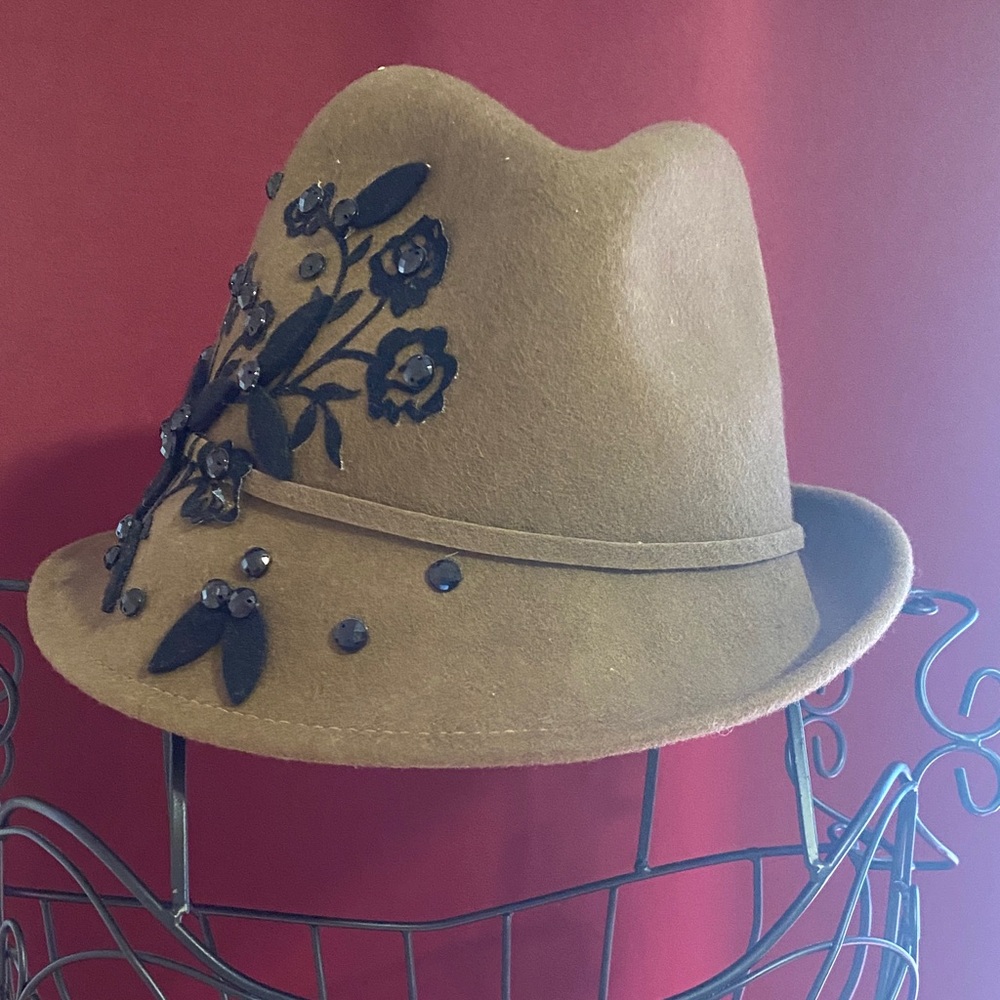 ADORA Tan Hat with Black Floral Design